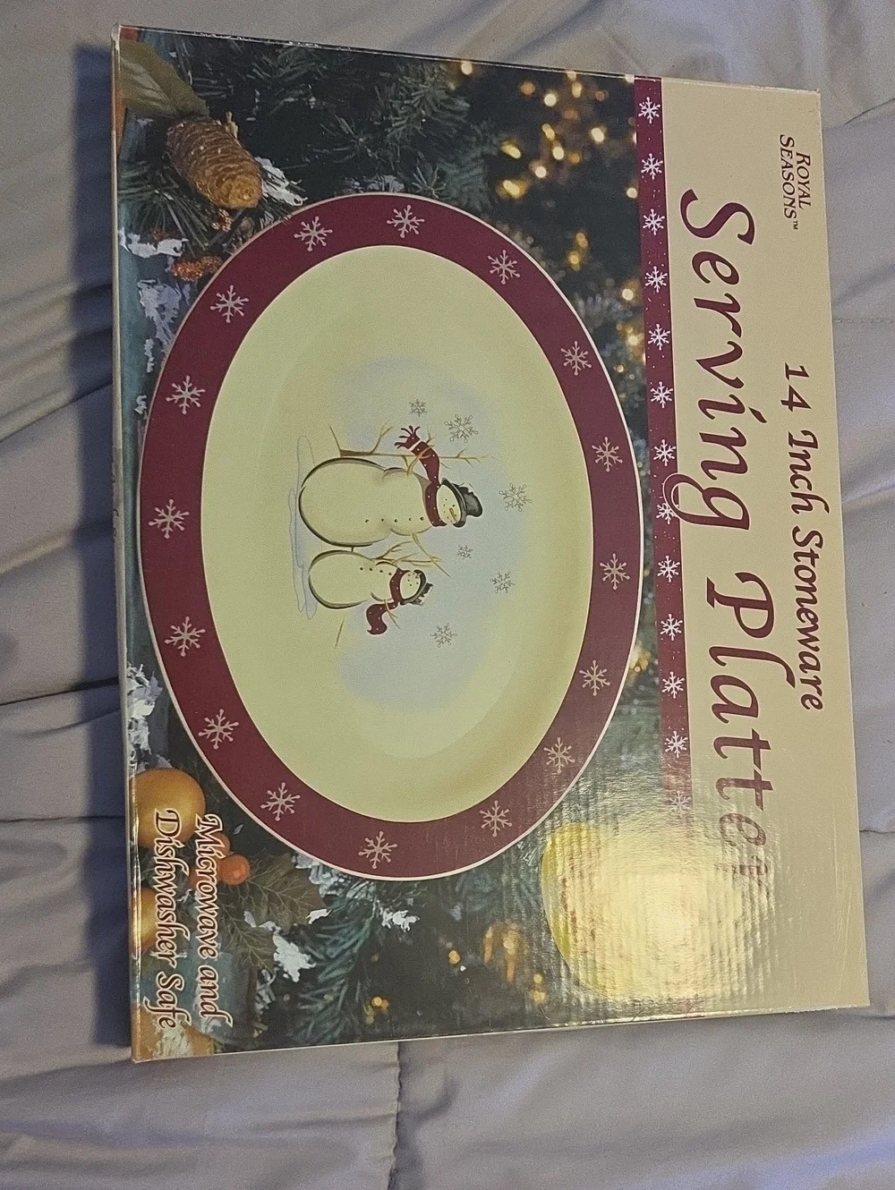 Festive Snowman Stoneware Serving Platter - Burgundy and Cream